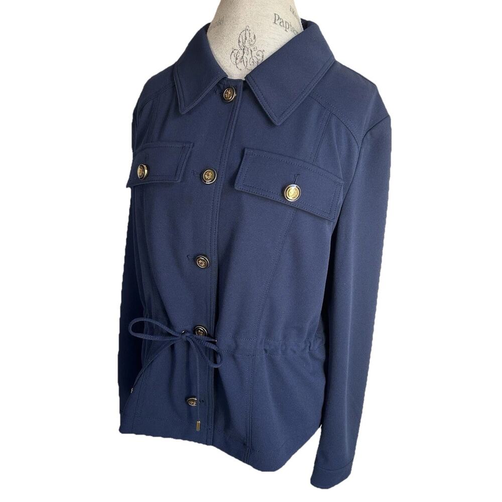 White House Black Market Blue Utility Jacket Womens 14 Gold Button Drawstring